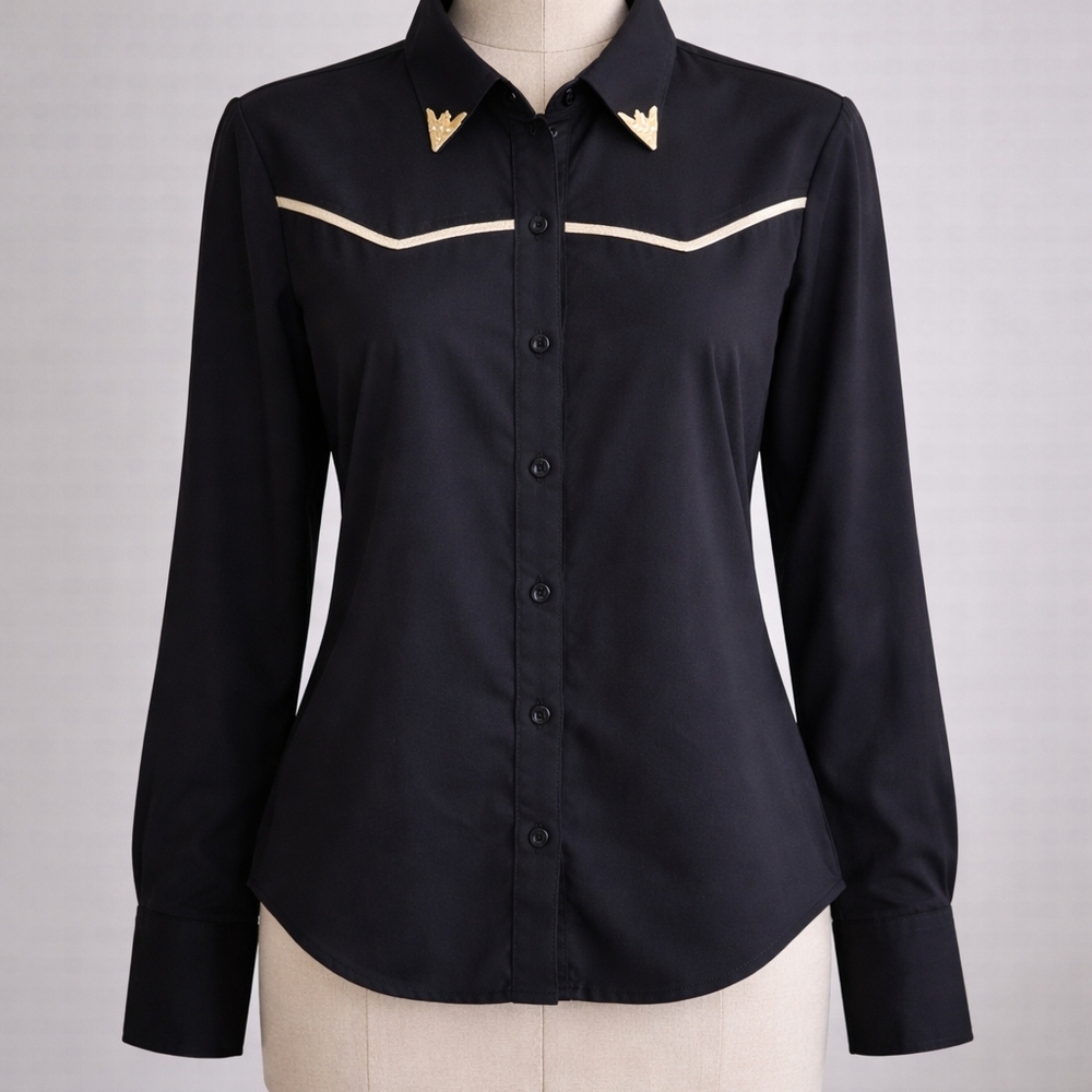Black Button-Up Western Collar Shirt with Cream Piping